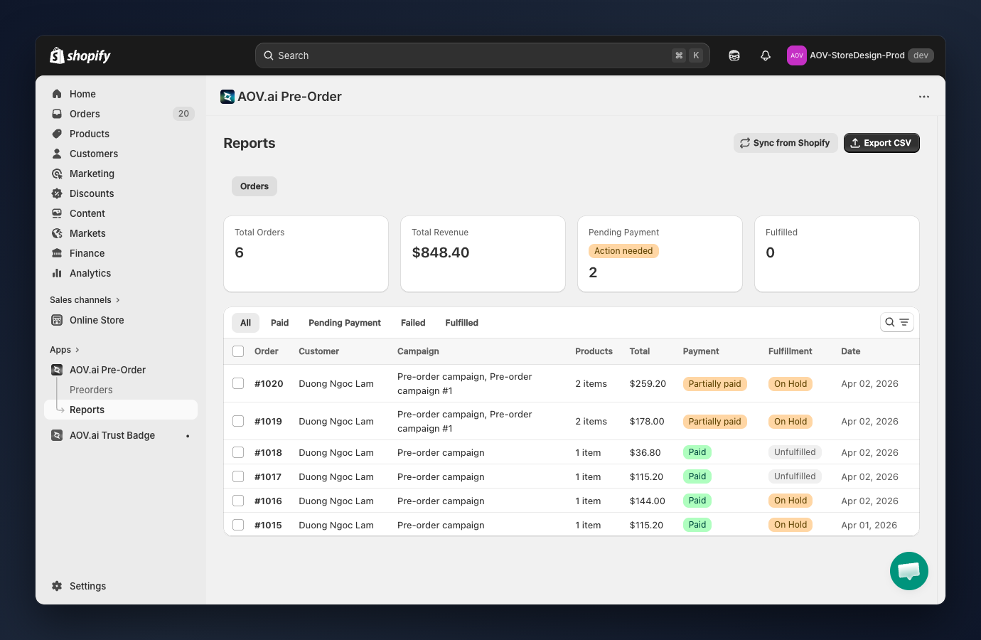 Orders report page