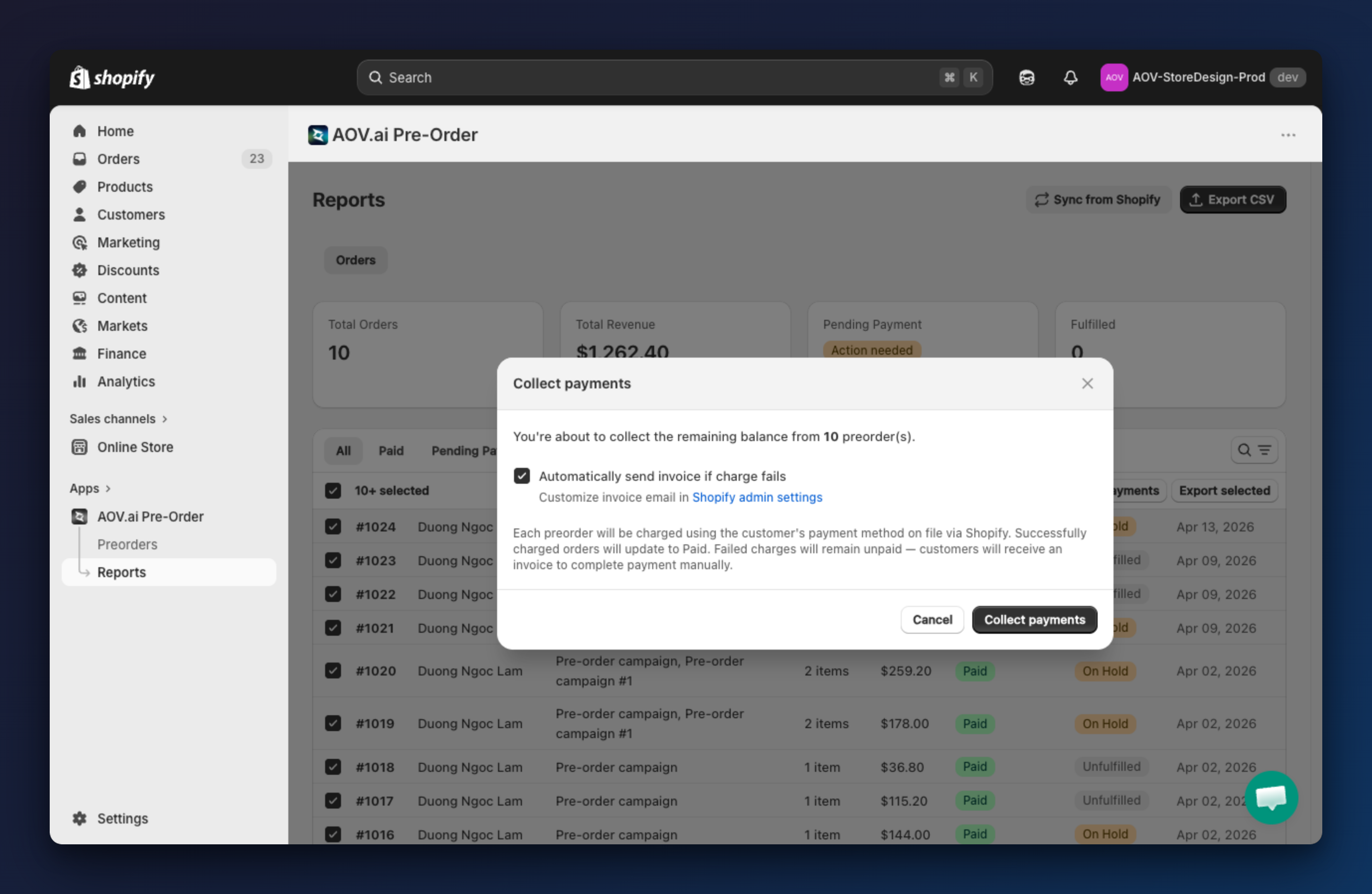 Collect payments: select orders and confirm