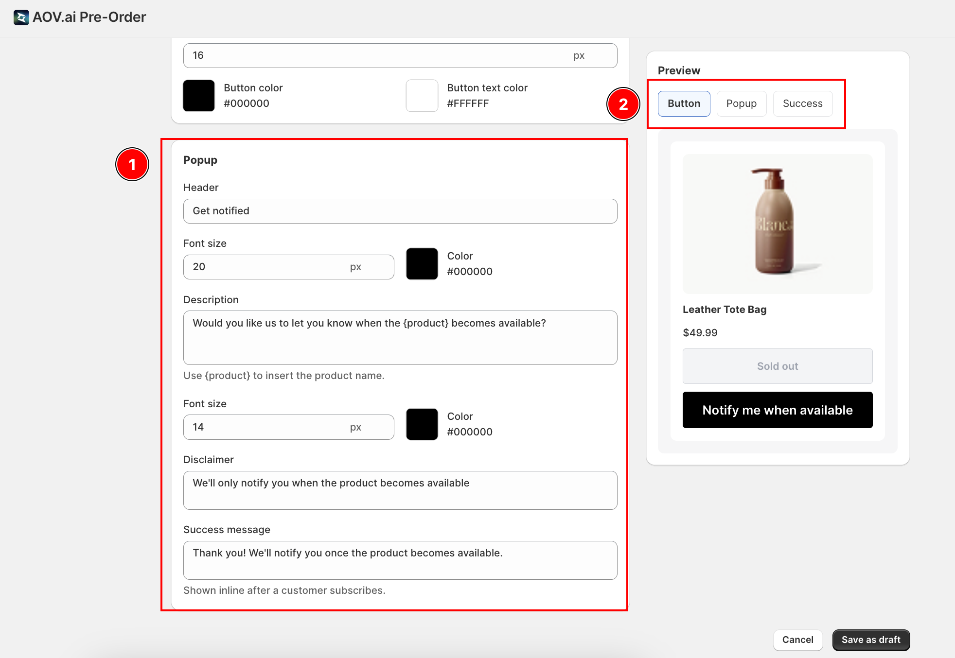 BIS Design tab Popup preview with header, description, and email field