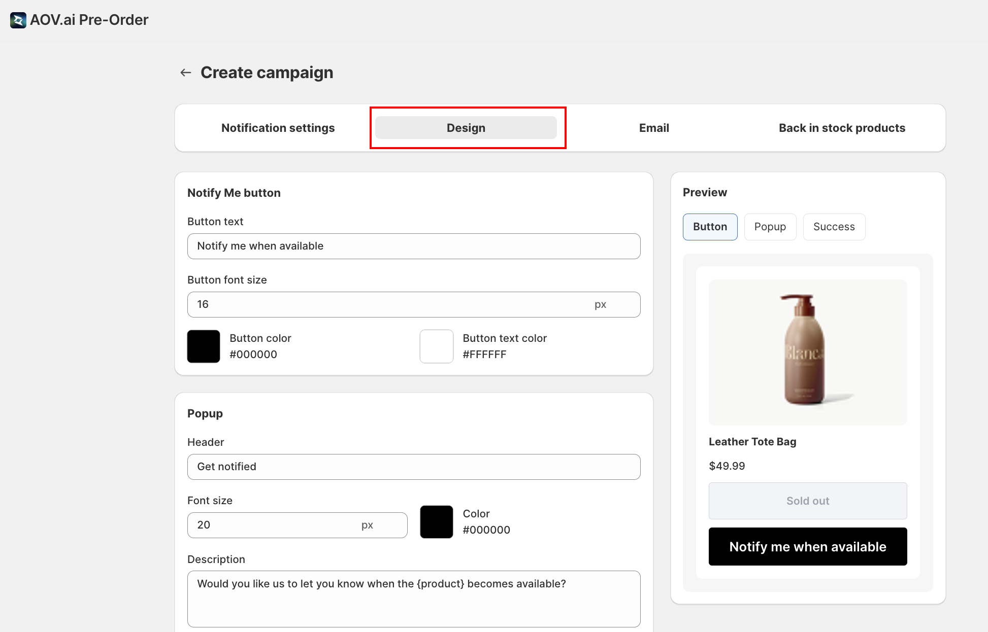 BIS Design tab with Notify Me button preview and customization fields