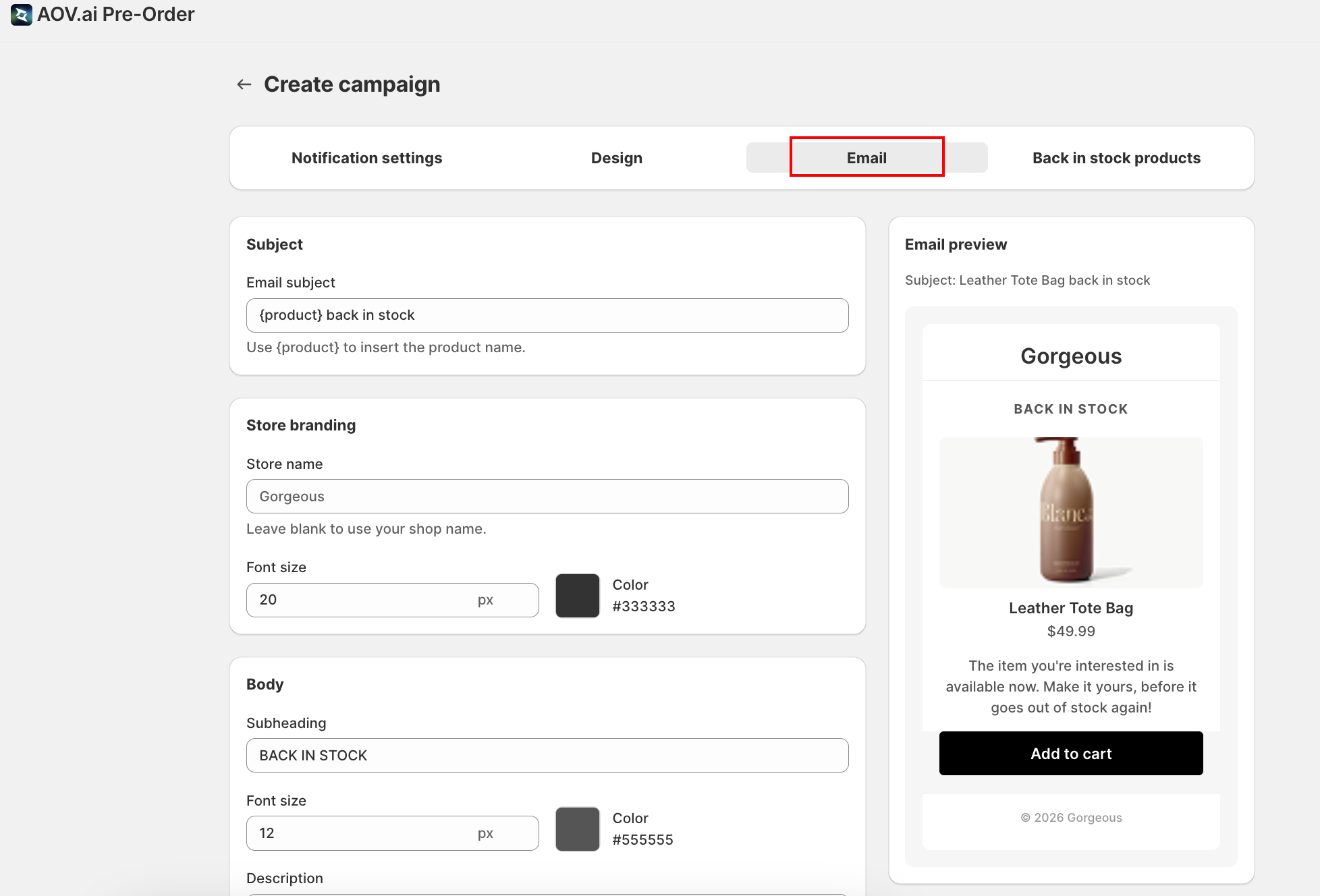 BIS Email tab with subject, branding, body, and CTA fields plus mock email preview