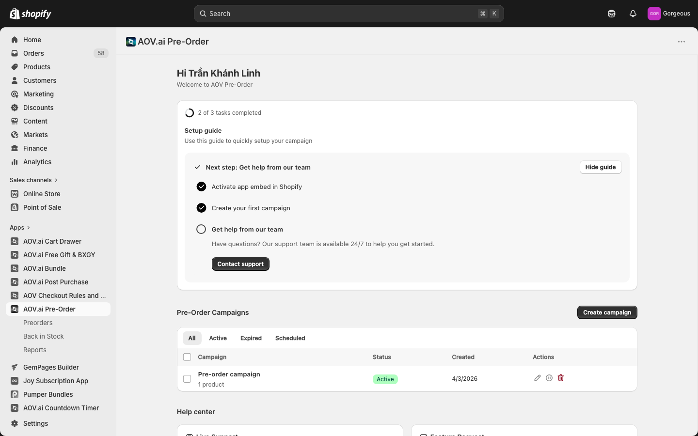 Pre-Order app dashboard home with setup guide and Pre-Order Campaigns table