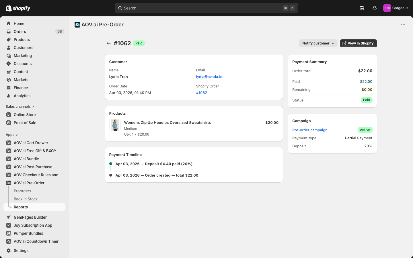 Order detail page with order summary, payment timeline, and action menus