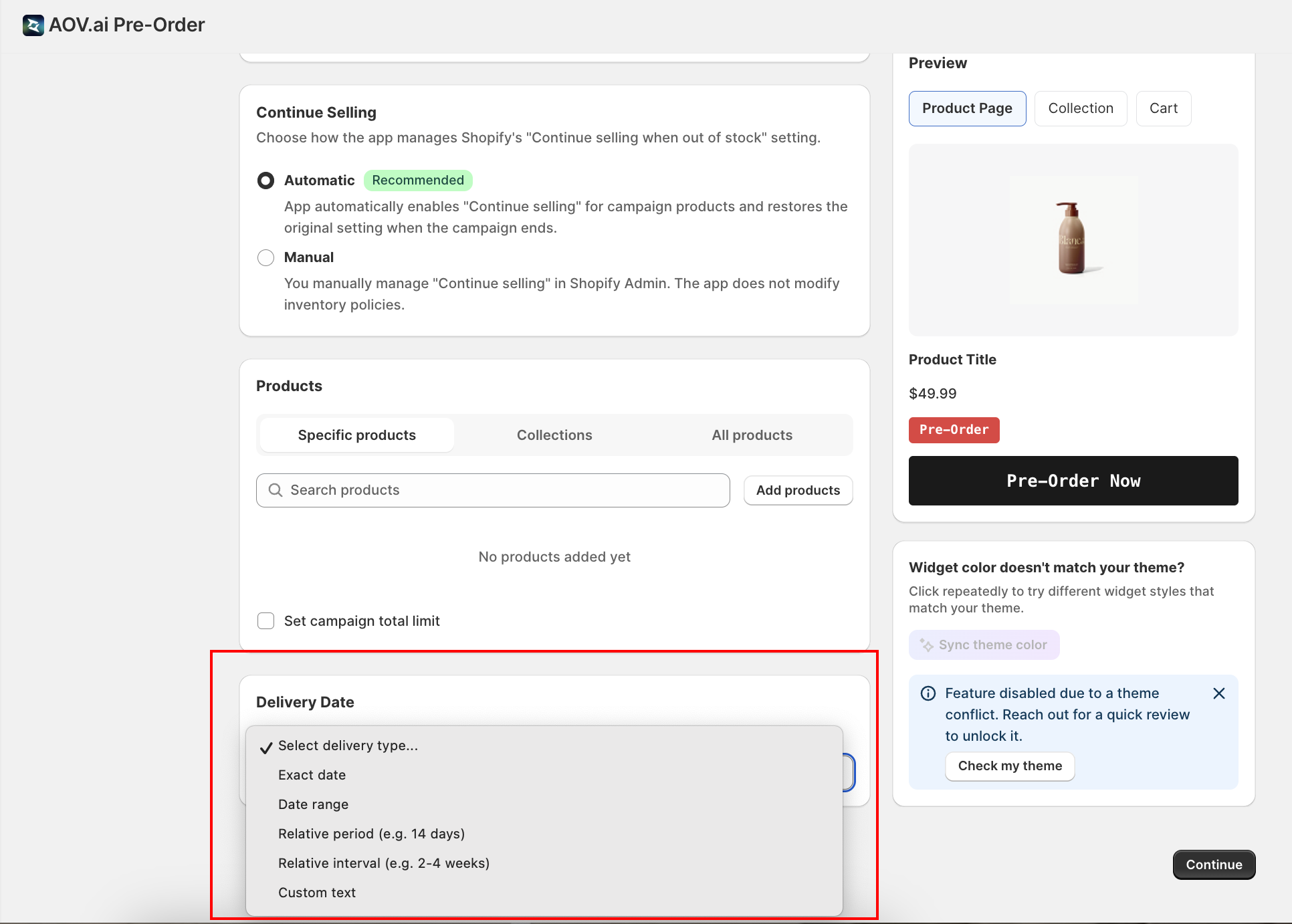 Delivery Date card with Delivery type dropdown